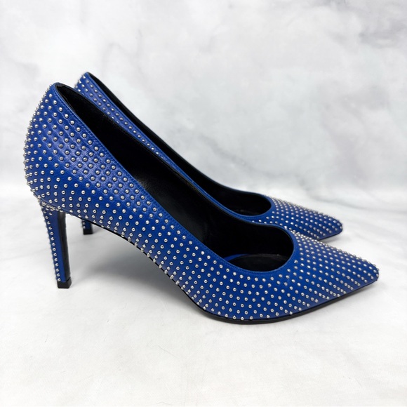 Saint Laurent Shoes - Saint Laurent Paris 80 Studded Leather Pointed Toe Stiletto Heel Pumps Blue 38
